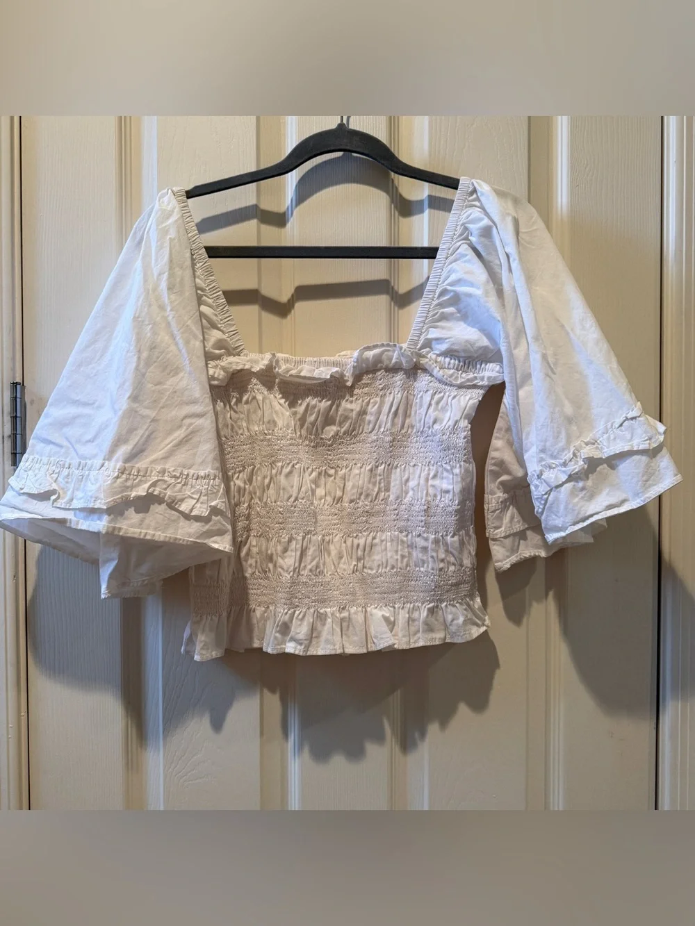 Free People | White Smocked Square-Neck Puff Sleeve Crop Top | Women’s L